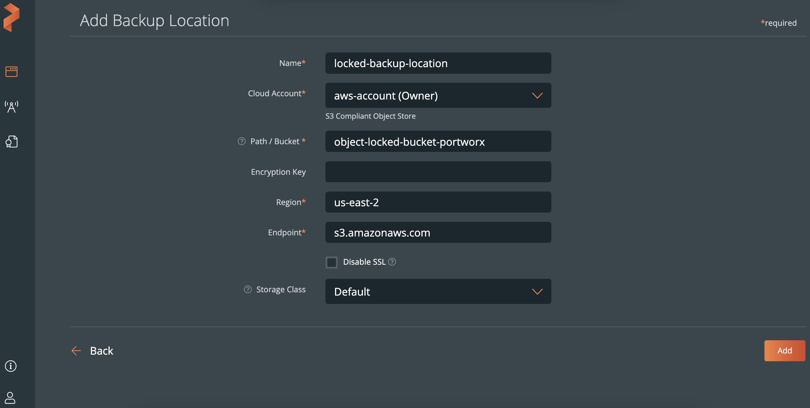 add object lock enabled backup location