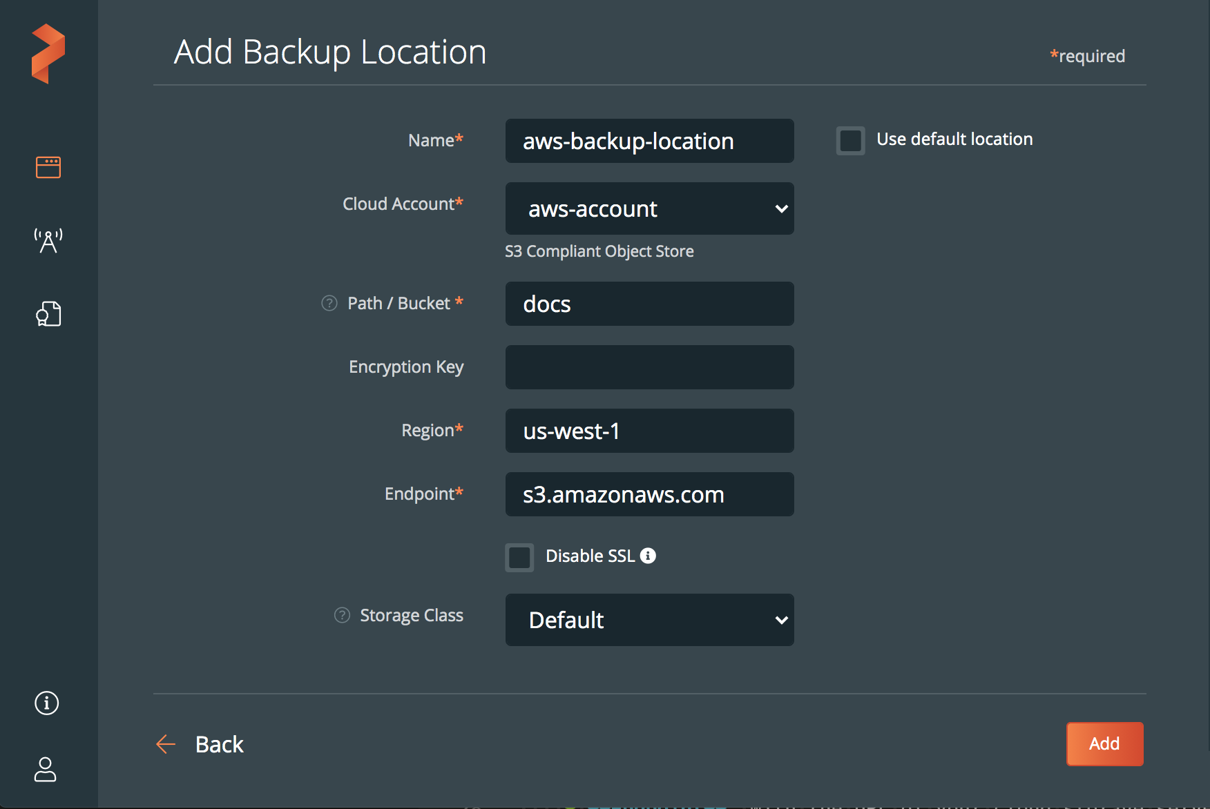 Configure AWS backup location