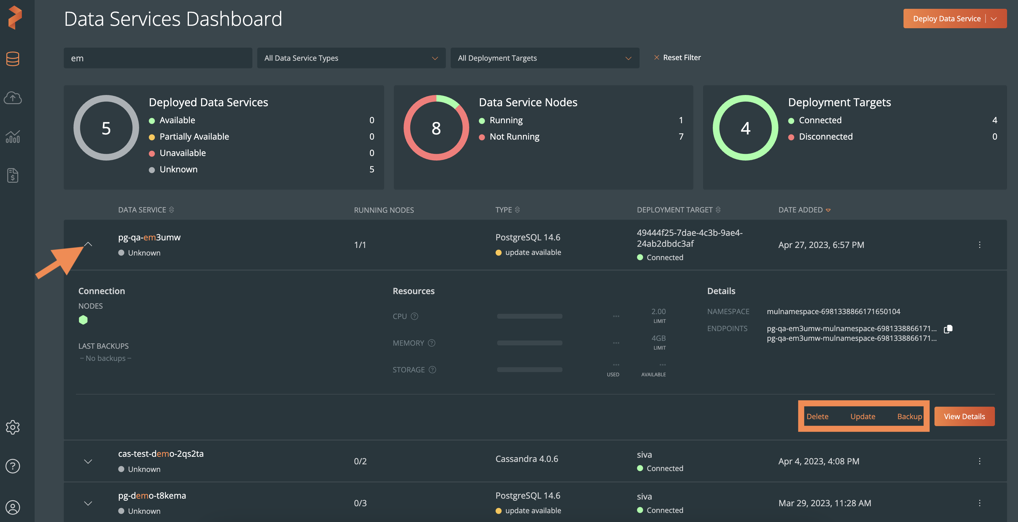 Data services dashboard