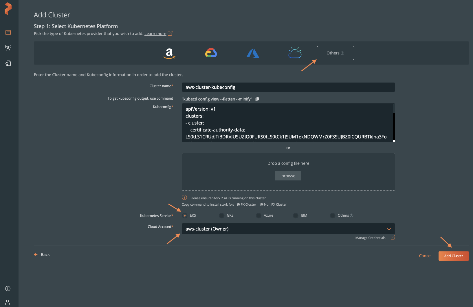 Enter the EKS cluster details