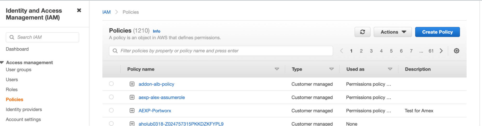 AWS create policy page