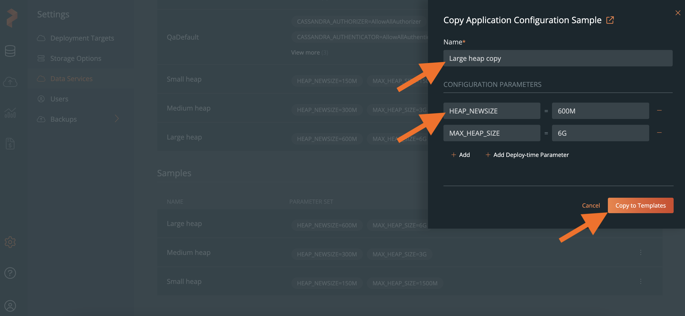 Copy application config template window