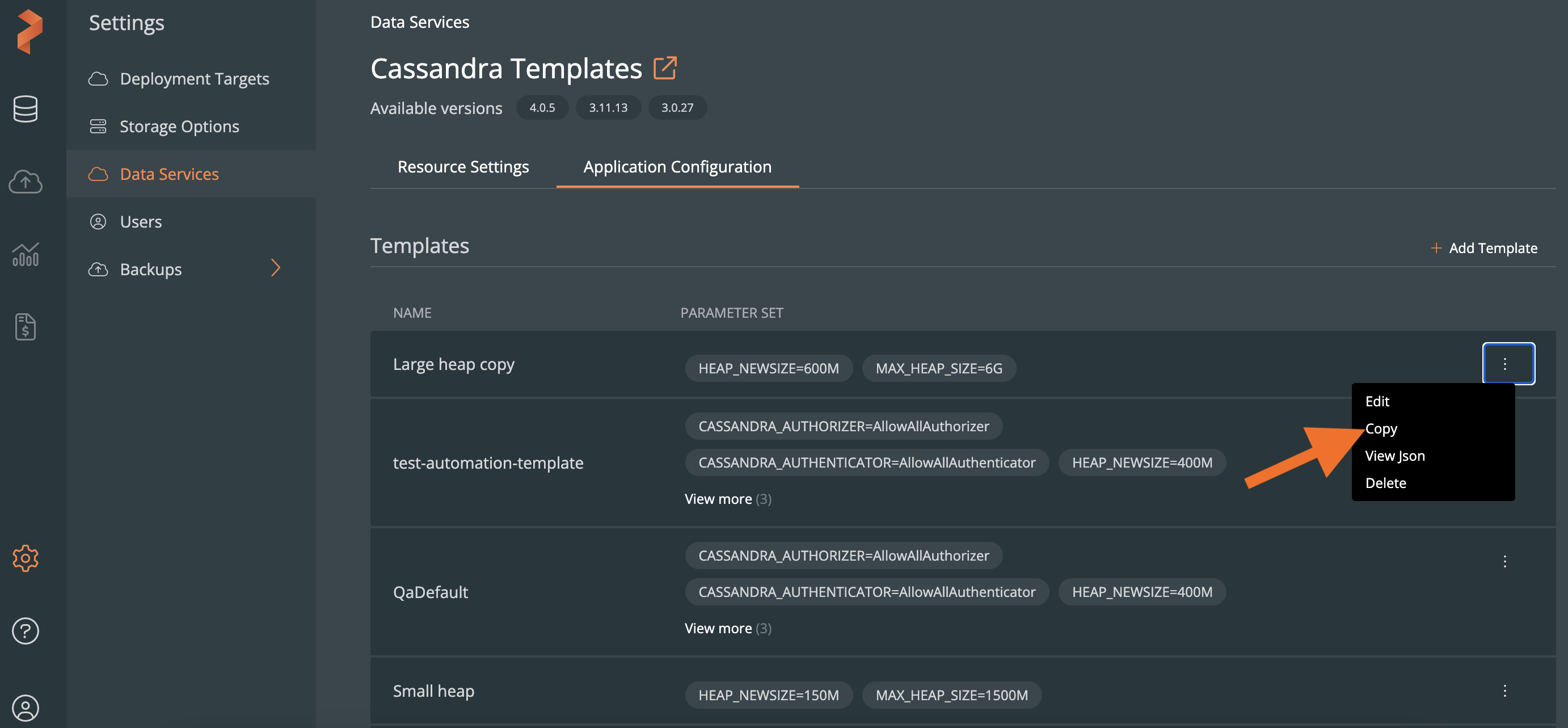 Copy existing application config template option