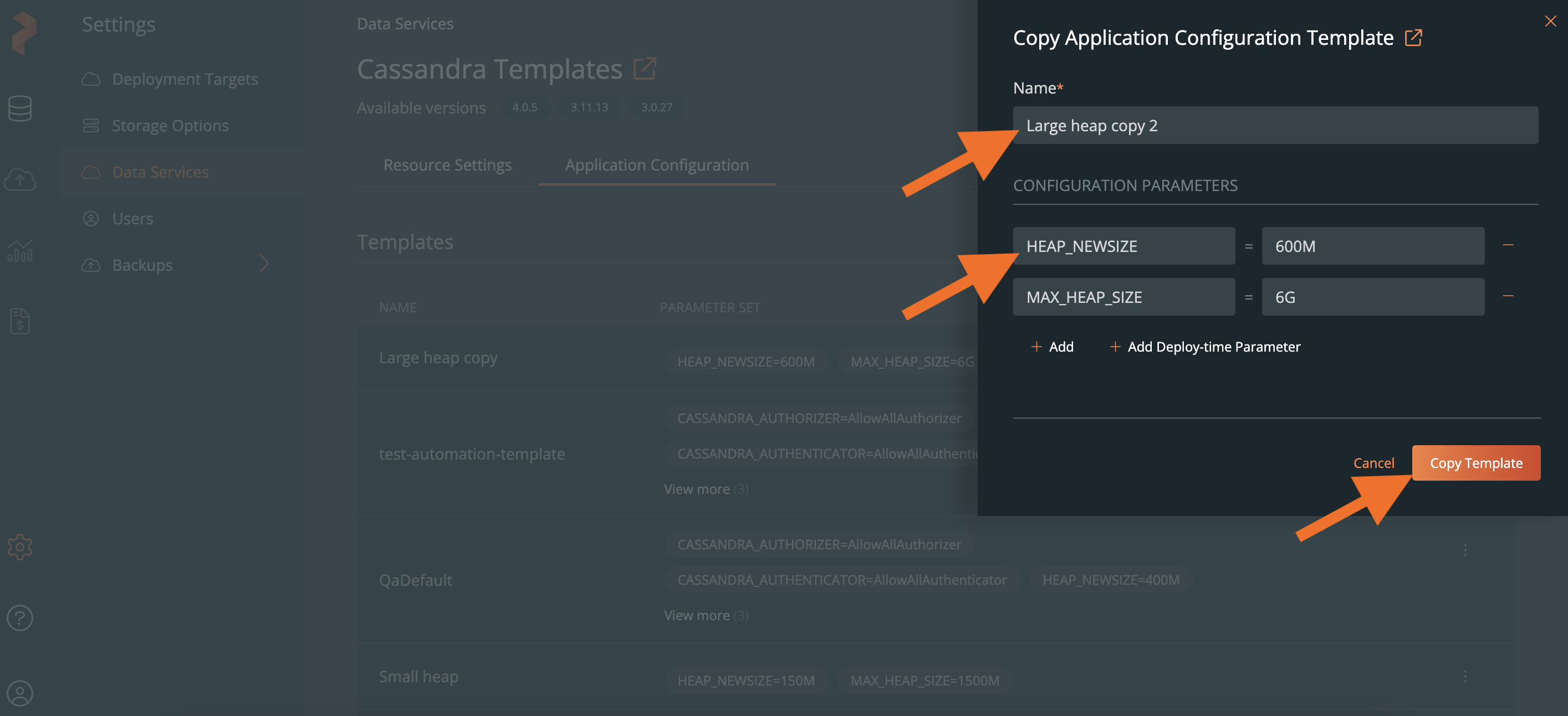 Copy existing application config template window