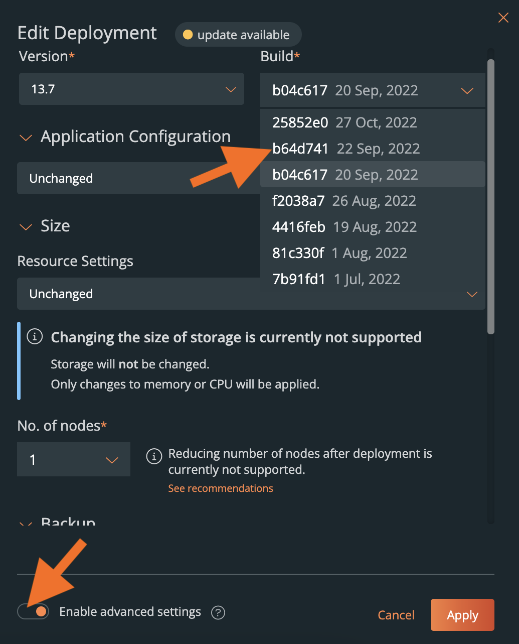 Edit deployment window Build dropdown