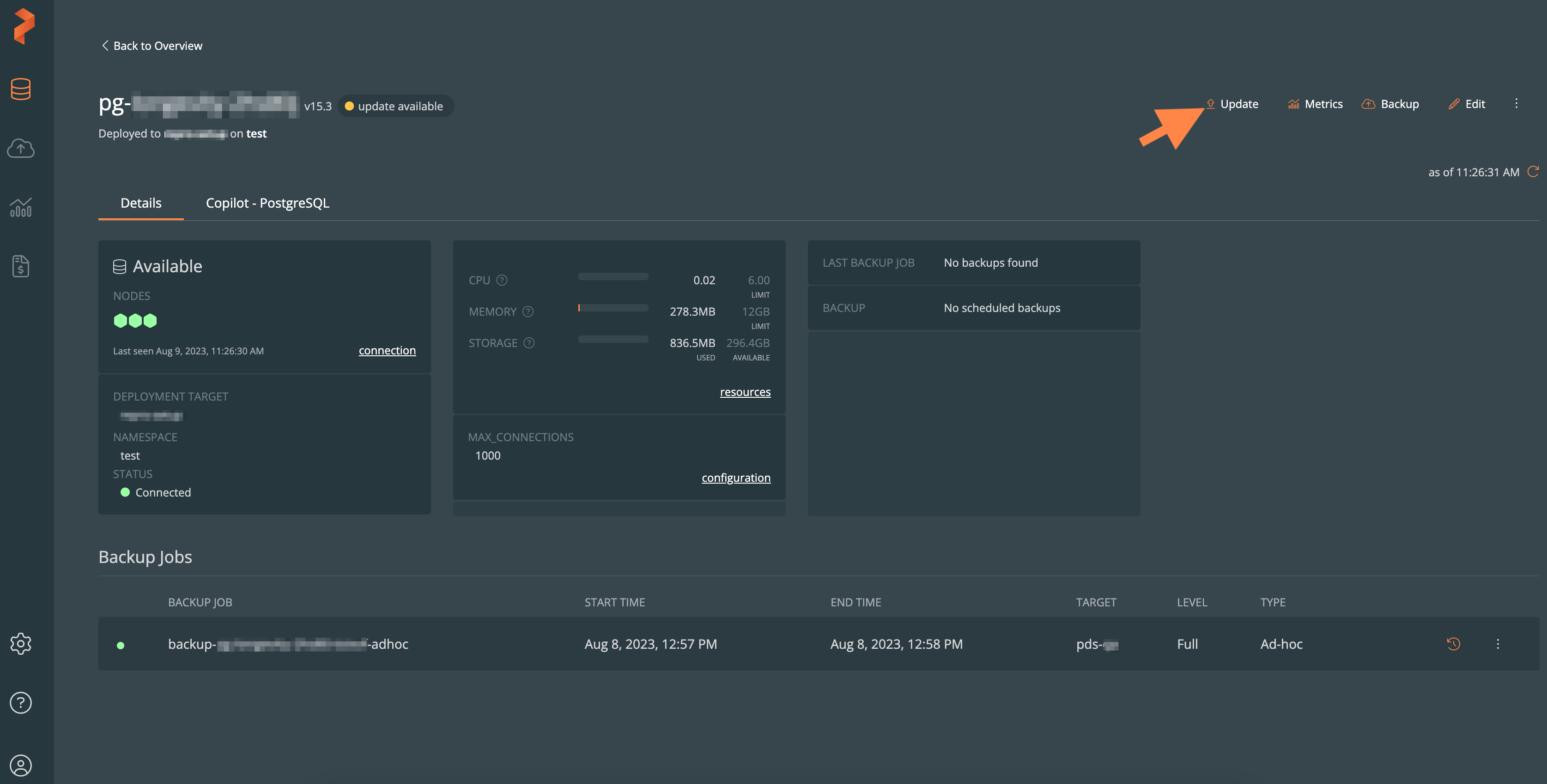 update button in deployment dashboard